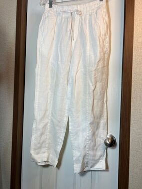Straight Leg White Linen Blend Pants with Drawstring Waist